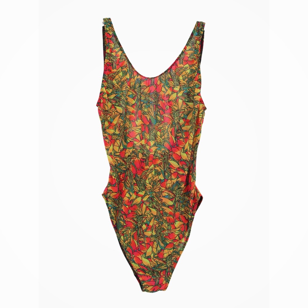 90's Solar Tan Through One Piece Swimsuit size 13/14 Neon Scoop Back Size 13/14
